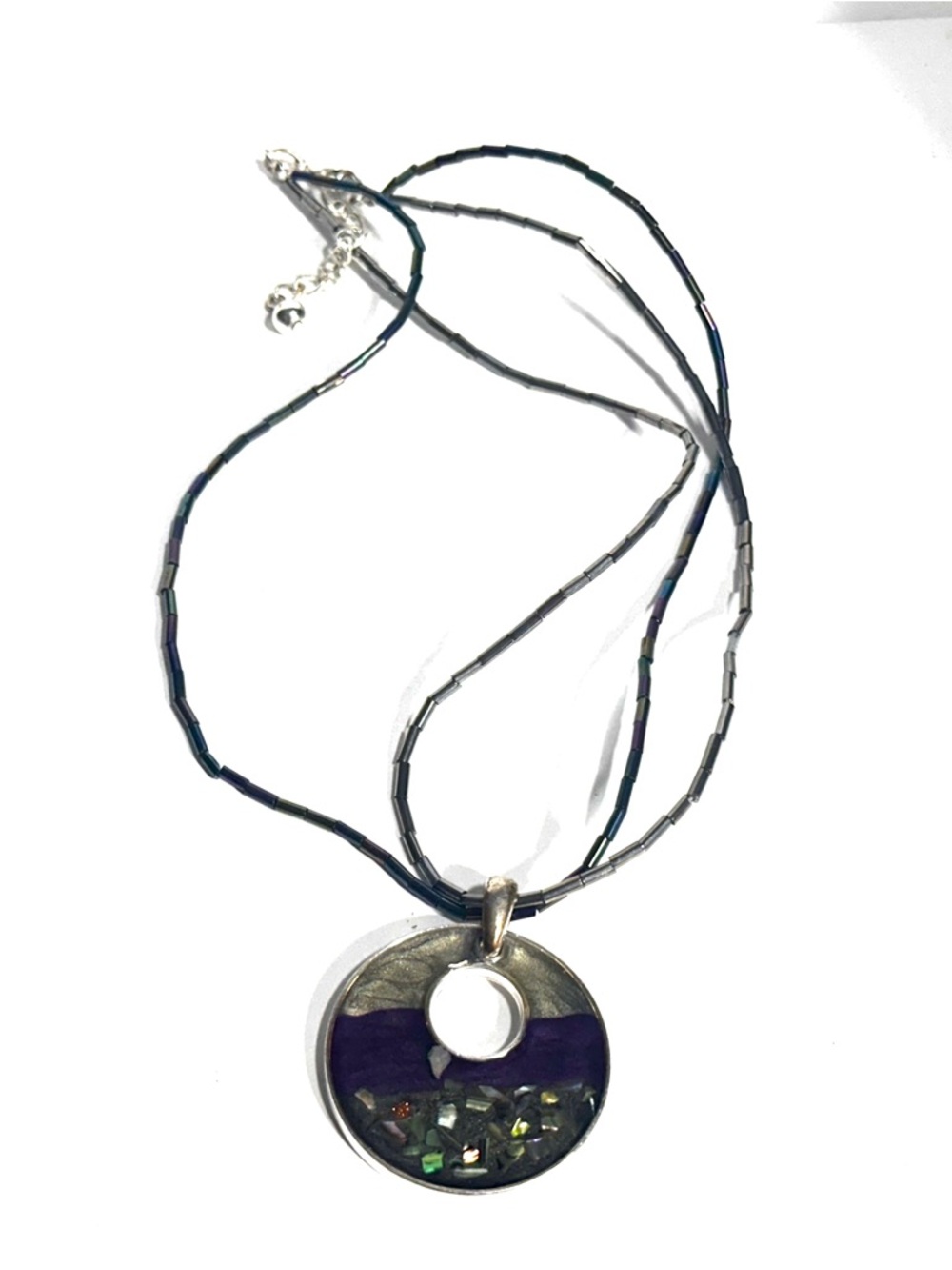 Vintage KC Kenneth Cole Pendant Necklace Oil Slick Colors Embedded Abalone Shell
